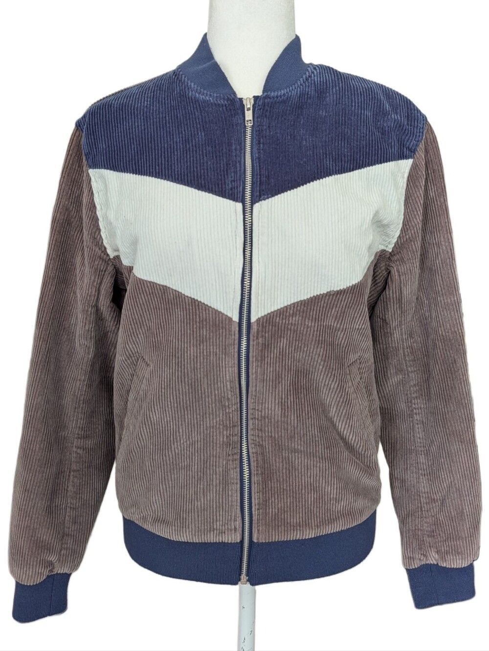 ASOS Mens Navy Blue White Gray Corduroy Colorblock Bomber Jacket Size Small